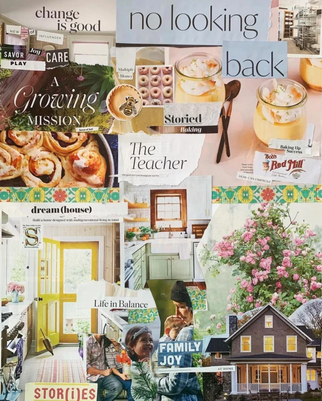 The first picture is my new vision board for this next season of life. 

The last time I made one was eight years ago, with Andrew at a weekend retreat we took together before we had Stella. Many many things came to fruition from it (swipe to second photo to see my 2013 board).

Attitudes and habits we developed. Wishes we had like moving from the east coast to the midwest. Even down to actual literal material items, like our beloved brown leather chair or the random time our rental car from the trip we took to interview at the church in Wisconsin was the exact white Fiat from our vision board.

In making my collage, I tear out photos from magazines and set them aside for a day. Then I go through the pile and sort the picture and words into yes, no, and maybe piles. Then the assembly begins. It’s funny how things that resonated the day I tore them out end up being repurposed or have a word or phrase on the backside that I overlooked before that then get used. Words I never expected (like the word Storied) show up and find their place. As the board came to completion, I had a new pile of images that didn’t feel right to throw in the garbage but didn’t feel right to put on this board. So I saved them as future dreams; maybe they’ll still resonate, maybe not.

I’m excited to look at this board every day and wonder what dreams will come into being from it.

Who else makes a vision board, and what have you found out about yourself or the process?